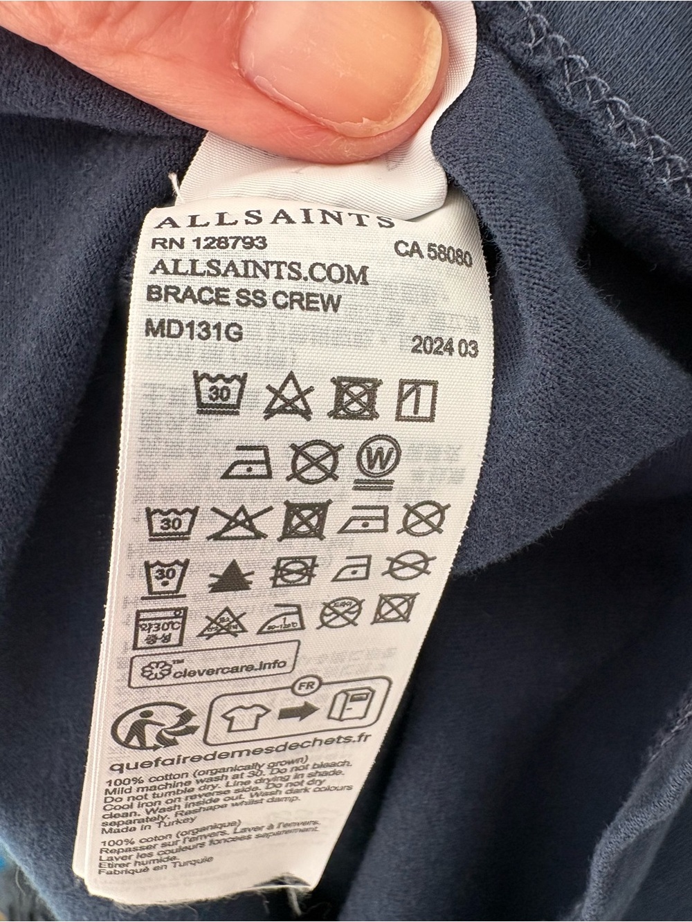 All Saints Men’s Tonic Crewneck Slim Ramskull in Navy T-Shirt Classic Cool - Picture 9 of 10